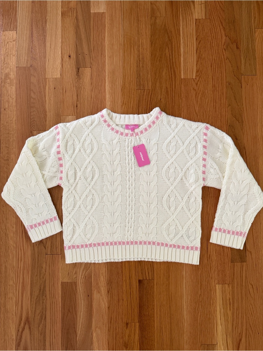 NEW Edikted Cream Cable-Knit Sweater with Pink Accent Size Small